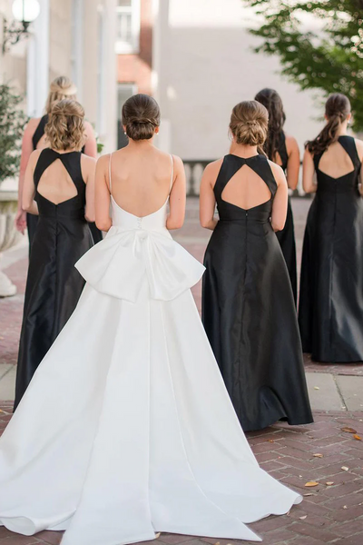 Simple A-Line Round Neck Black Satin Long Bridesmaid Dresses,BD240806