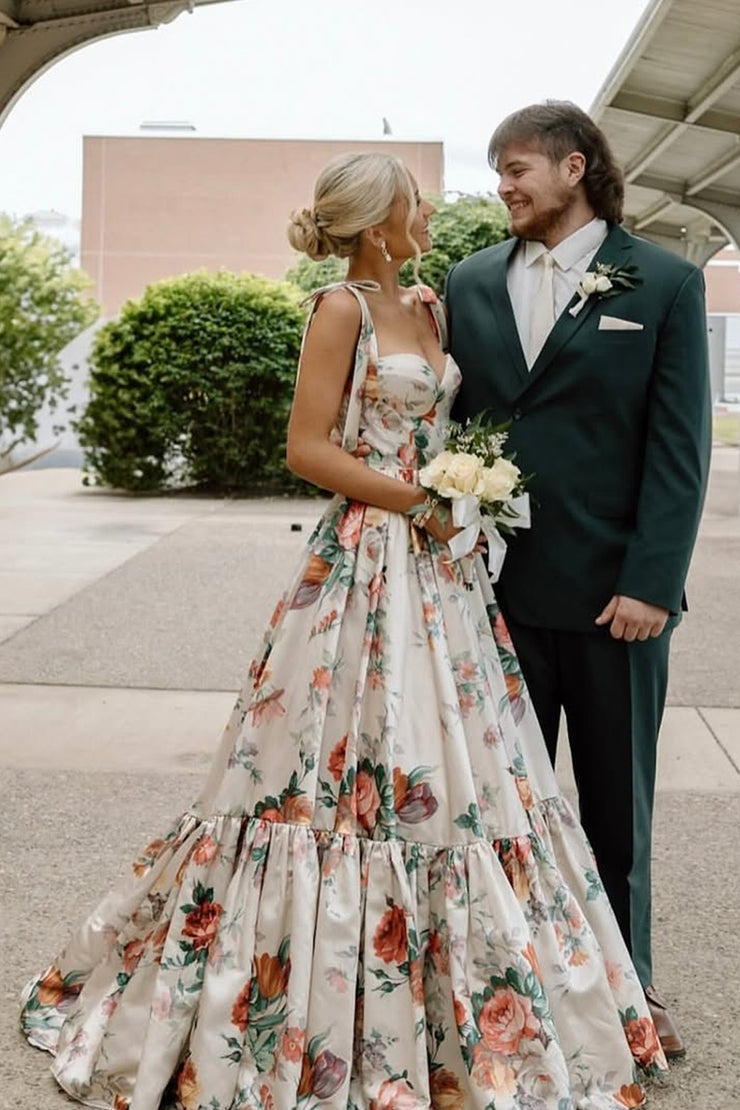 A Line Long Straps Sweetheart Floral Satin Prom Dresses