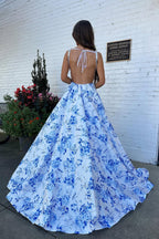 A-Line Square Neck Blue Floral Printed Satin Long Prom Dress
