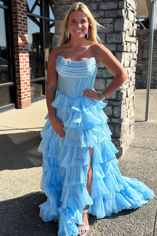 Ball Gown Strapless Royal Blue Ruffle Tiered Chiffon Long Prom Dresses