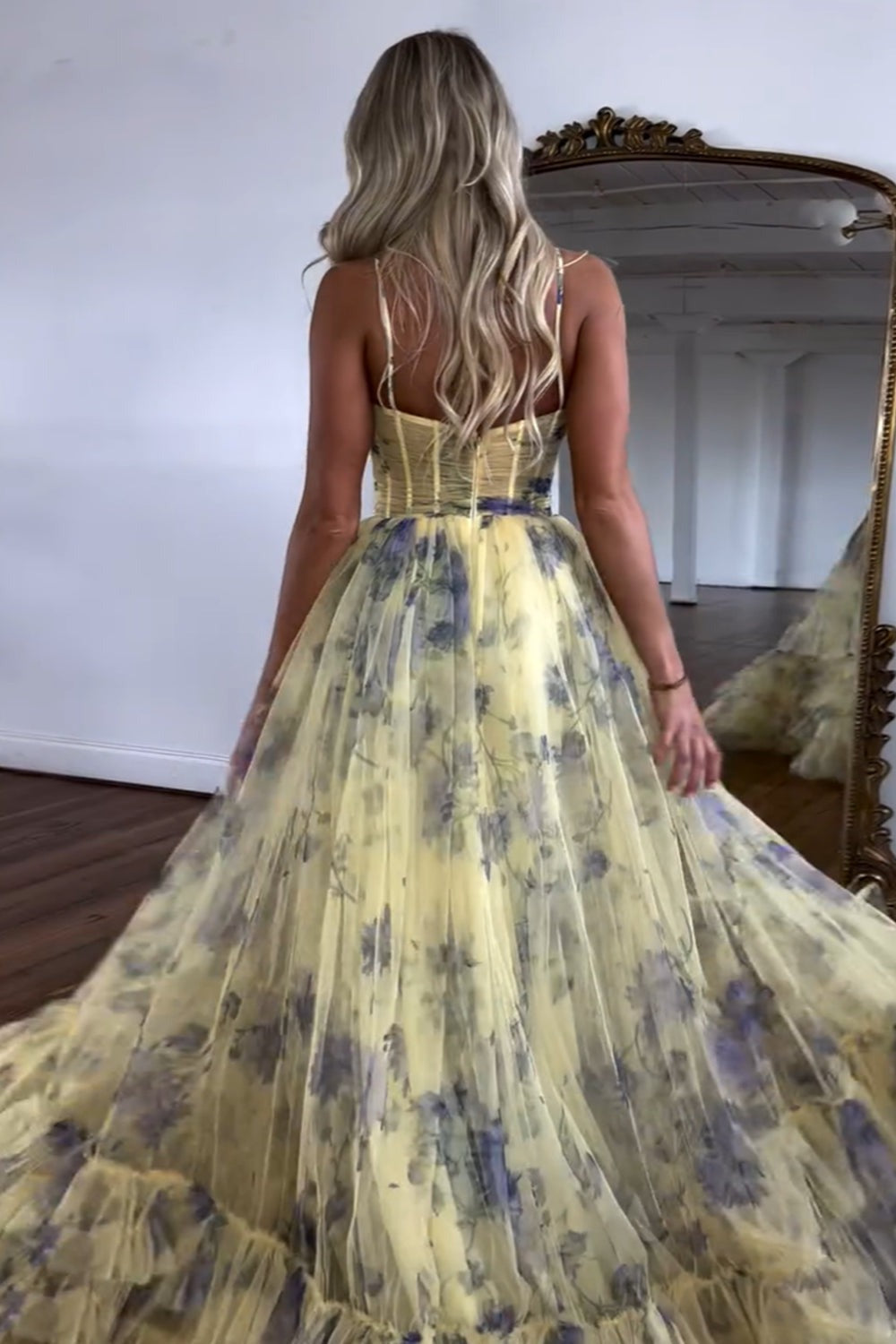 A Line Straps Printed Yellow Long Prom Dresses luladress A Line Straps Printed Yellow Long Prom Dresses luladress