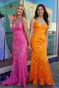Orange V Neck Sequin Lace Mermaid Long Prom Dresses,BD93323