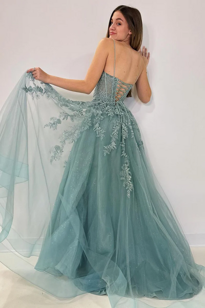 Spaghetti Straps Tulle A-Line Long Sweetheart Prom Dresses,BD93088