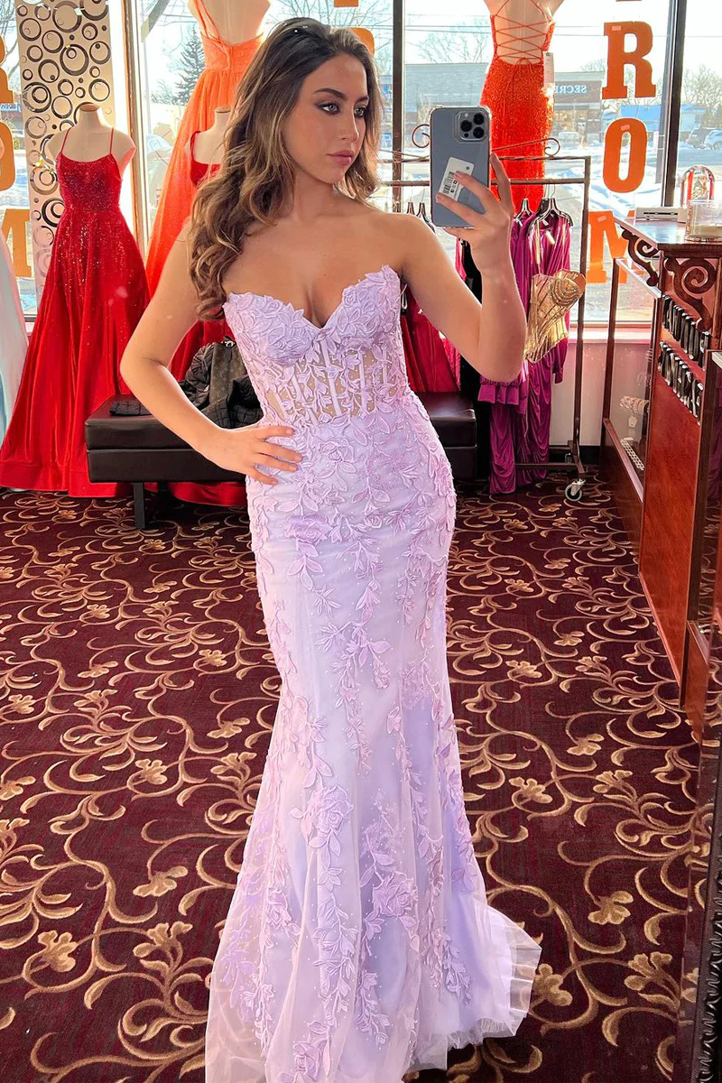 Lilac Appliques Strapless Mermaid Long Prom Dresses,BD93168