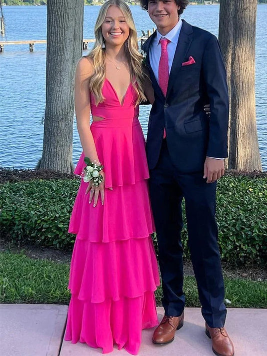 A Line V Neck Halter Pink Chiffon Tiered Prom Dresses