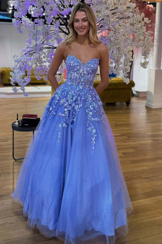 Robe longue de bal lavande trapèze bustier en tulle avec appliqués