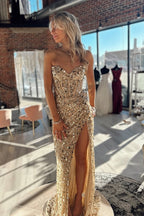 Sweetheart Champagne Sequins Prom Dresses
