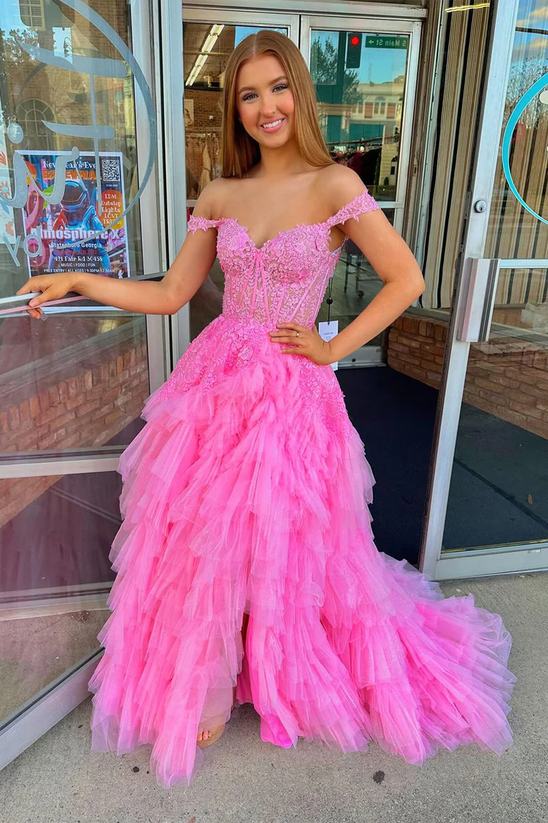 Off-the-Shoulder Pink Ruffle Tulle Long Prom Dresses Pic Color / US4