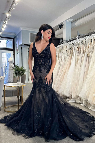 Black Mermaid V Neck Lace Appliques Prom Dresses,BD930875