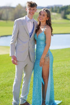 Mermaid Spaghetti Straps Blue Sequins Long Prom Dress
