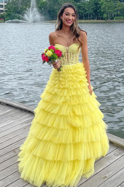 A-line Strapless Layered Yellow Long Prom Dress Party Dress PSK621 US6 / Yellow