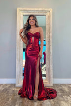 Mermaid Strapless Keyhole Burgund Satin Long Prom Dresses