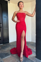 Scoop Neck Red Sequins Mermaid Prom Dresses