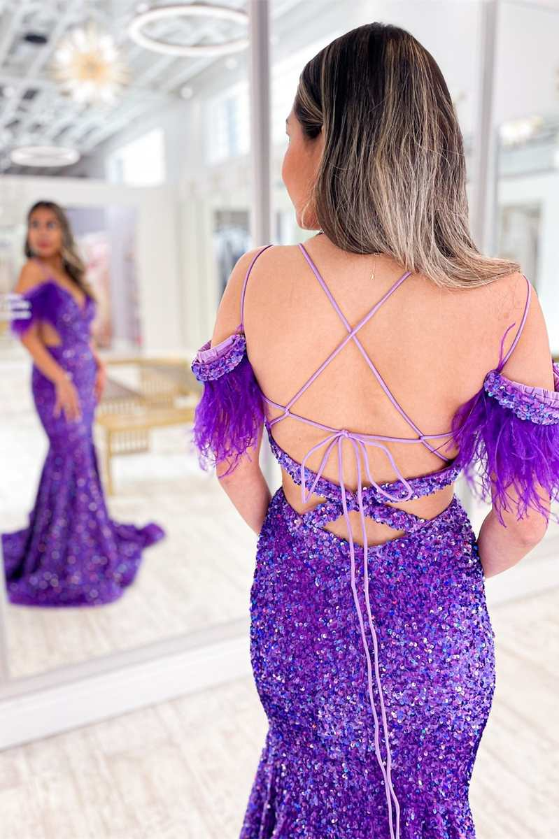 Purple Iridescent Sequin Feather Cold-Shoulder Cutout Mermaid Prom Dre luladress Purple Iridescent Sequin Feather Cold-Shoulder Cutout Mermaid Prom Dre luladress