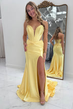 Mermaid Strapless Yellow Satin Pleats Long Prom Dress