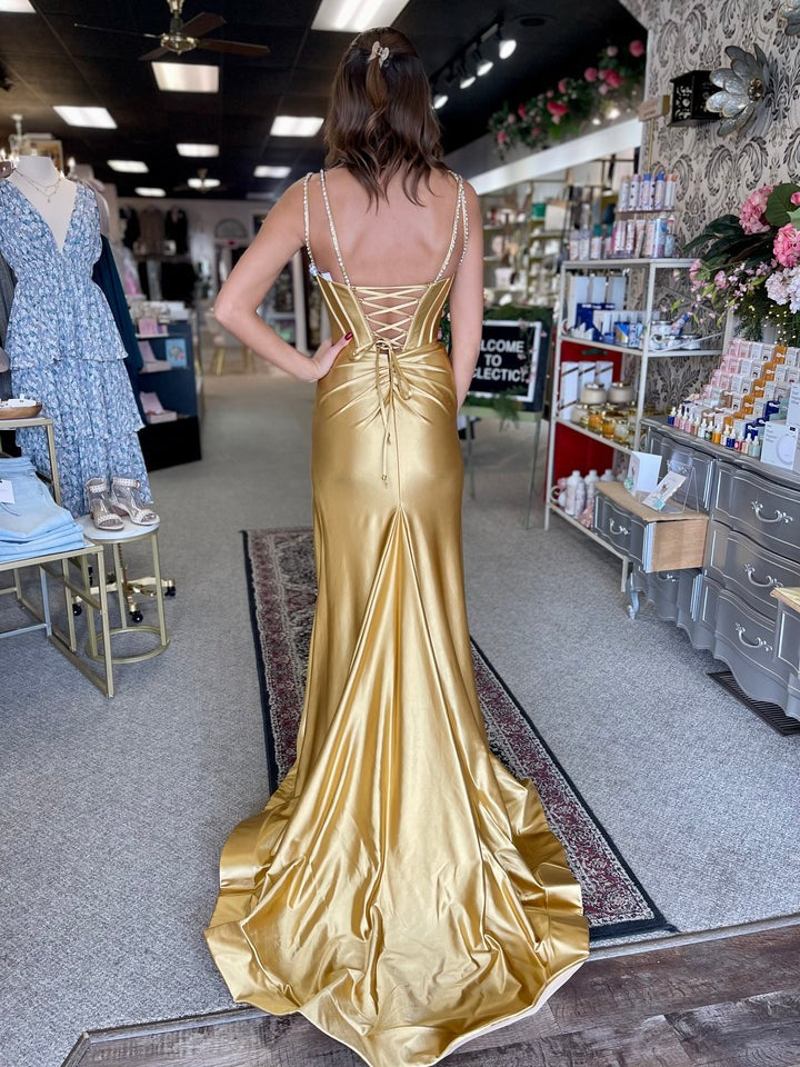 V Neck Fuchsia Satin Slit Cute Mermaid Prom Dresses