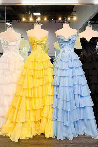 Robes de Bal Longues Évasées en Soie Jaune à Col Cœur et Niveaux