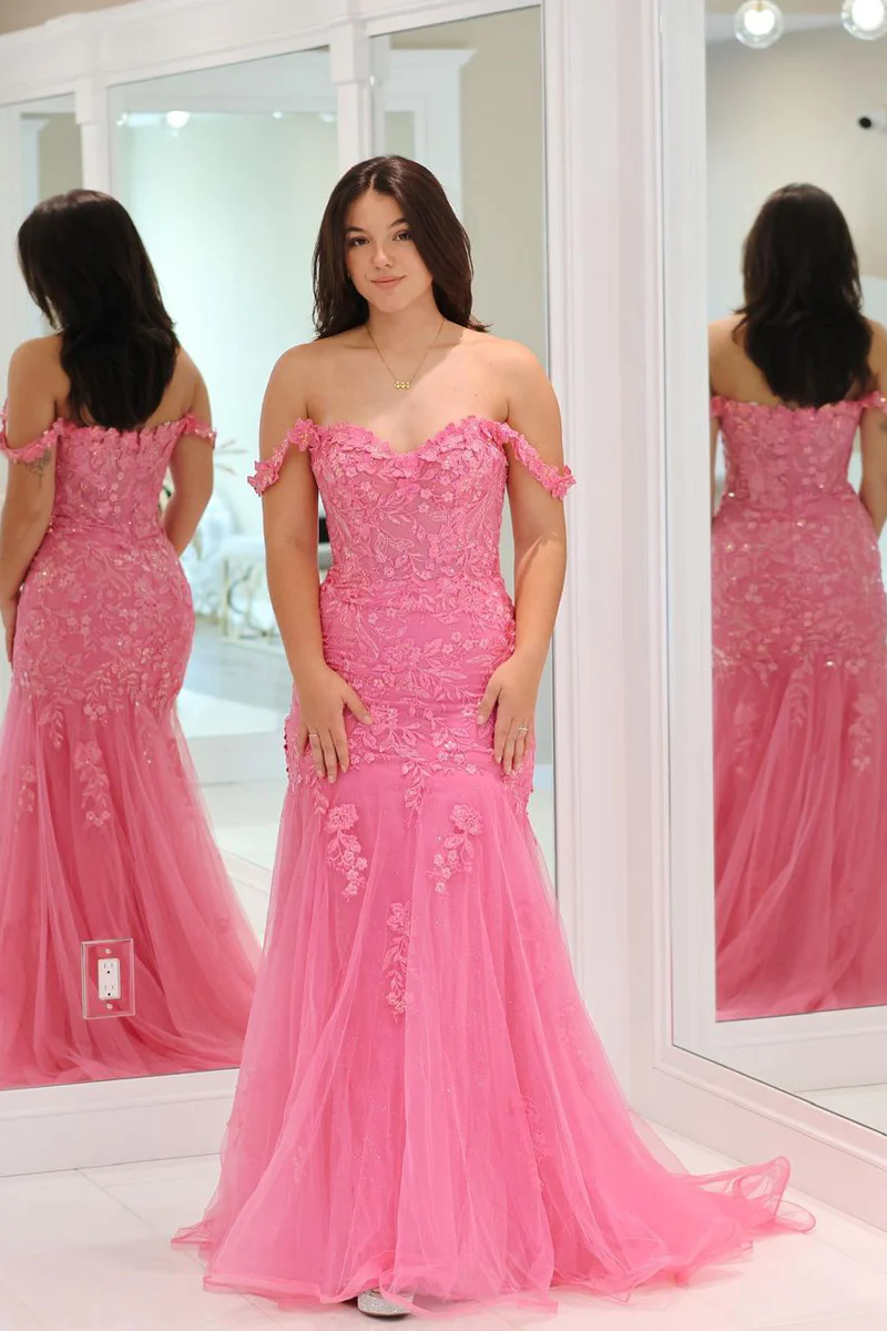 Pink Mermaid Off the Shoulder Tulle Long Prom Dress with Appliques,BD93105