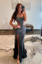 Scoop Neck Black Glitter Satin Slit Mermaid Prom Dresses