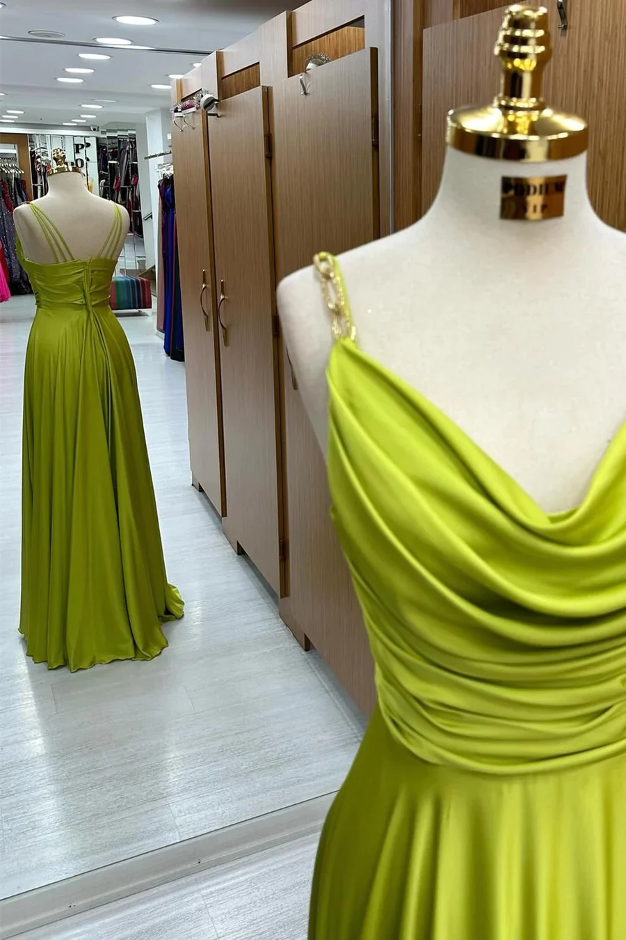 Olive Green Cowl Neck Chain Strap A-Line Long Prom Dress Green / 18 / Charmeuse Olive Green Cowl Neck Chain Strap A-Line Long Prom Dress Green / 18 / Charmeuse