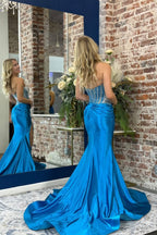 Mermaid Sweetheart Royal Blue Satin Slit Prom Dresses