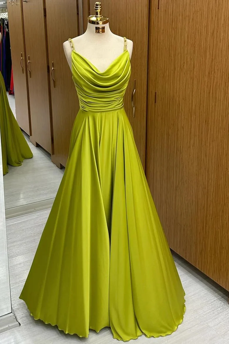 A-Line Olive Green Cowl Neck Chain Strap Long Prom Dresses,BD93123