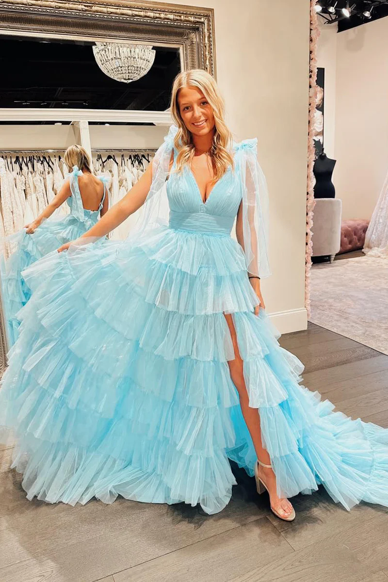 Elegant & Classic A-Line V Neck Straps Sleeveless Open Back Tiered Floor Length Sky Blue Prom Dresses Dress with High Side Slit and Train US18 / Elegant & Classic A-Line V Neck Straps Sleeveless Open Back Tiered Floor Length Sky Blue Prom Dresses Dress with High Side Slit and Train US18 /