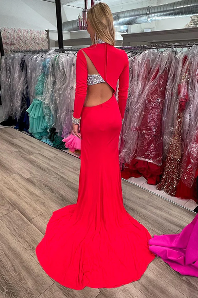 High Neck Long Sleeve Red Mermaid Prom Dresses,BD93100