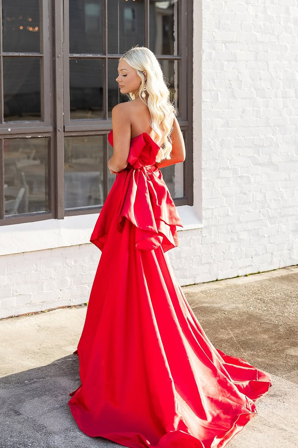 Mermaid Strapless Red Satin Long Prom Dresses