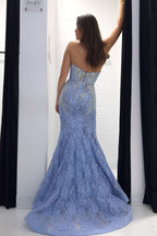 V Neck Mermaid Dusty Blue Lace Prom Dresses
