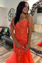 Off the Shoulder Orange Lace Mermaid Long Prom Dresses