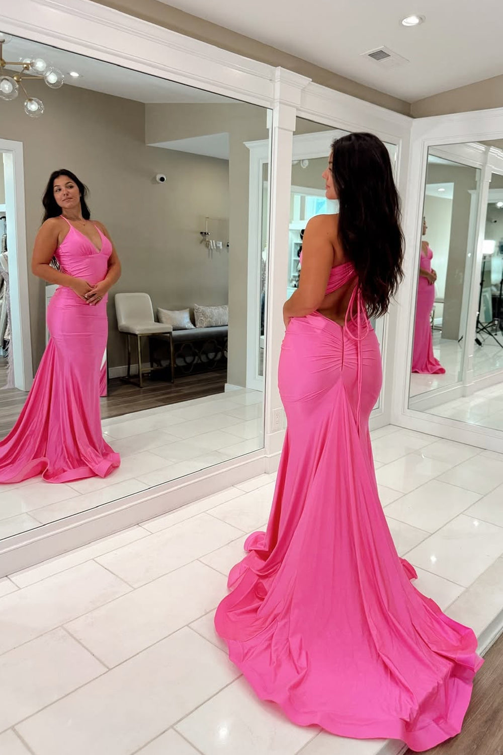 Mermaid V Neck Fuchsia Pink Satin Long Prom Dresses