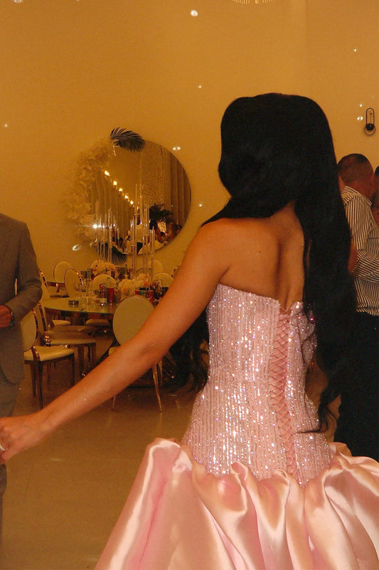 A-Line Strapless Pink Satin Sequins Long Prom Dresses