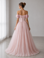 A-line Pink Tulle Off the Shoulder Beading Pleats Prom Dresses