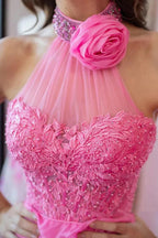 Long Pink A Line Halter Neck Beaded Lace Prom Dresses