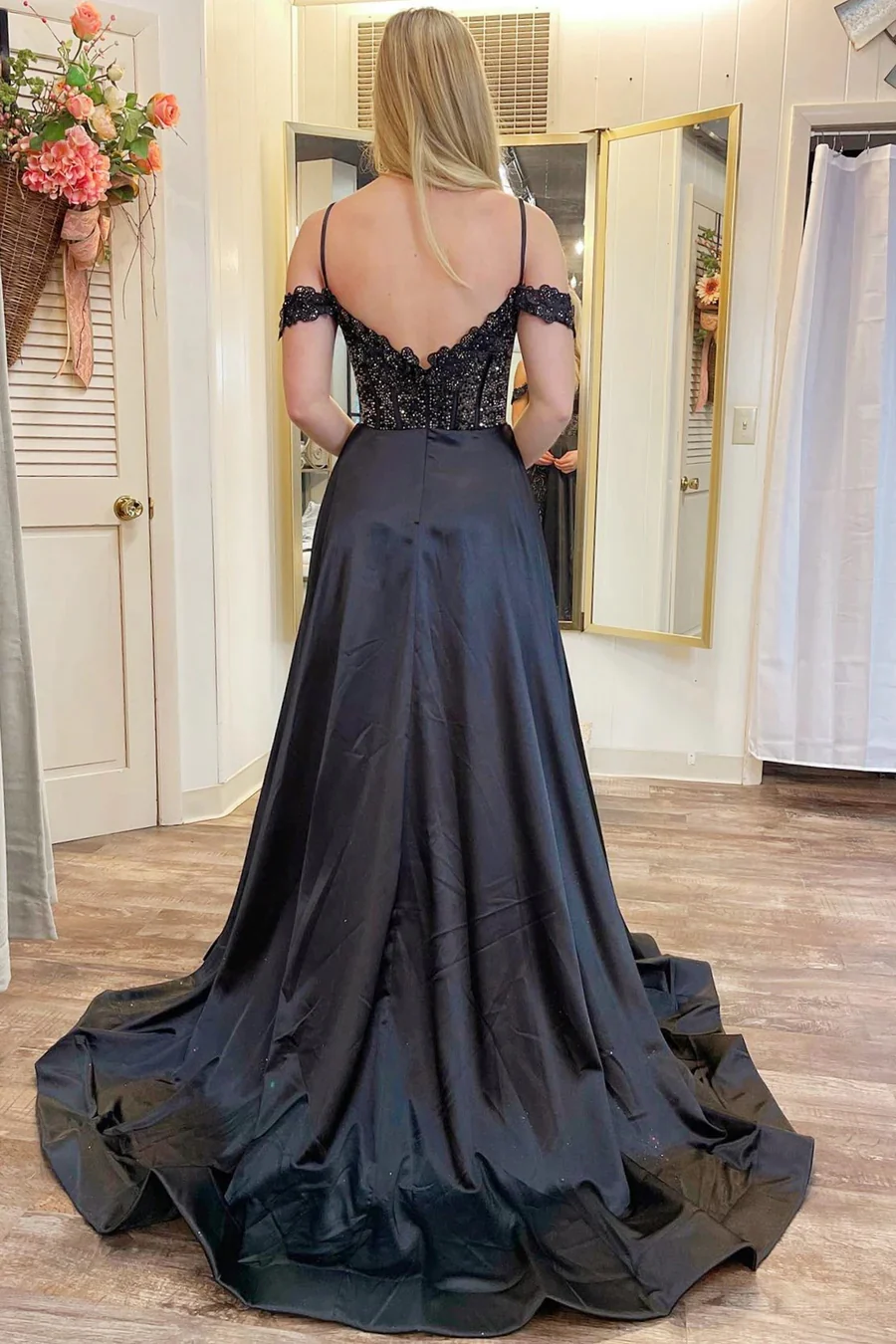 A Line Cold-Shoulder Beaded Black Prom Dresses luladress A Line Cold-Shoulder Beaded Black Prom Dresses luladress