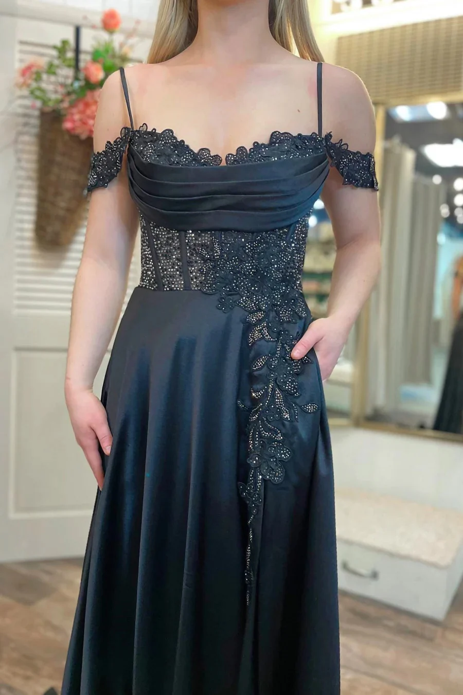 A Line Cold-Shoulder Beaded Black Prom Dresses luladress A Line Cold-Shoulder Beaded Black Prom Dresses luladress
