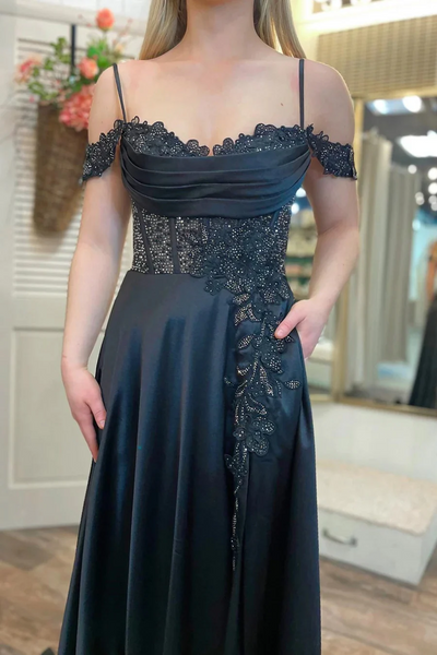 A Line Cold-Shoulder Beaded Black Prom Dresses,BD93348