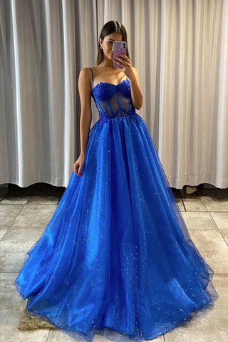 A Line Shiny Royal Blue Tulle Formal Prom Dresses,BD93361