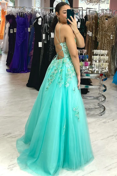 A Line Spaghetti Straps Turquoise Tulle Prom Dress Long Evening Dress,BD93347