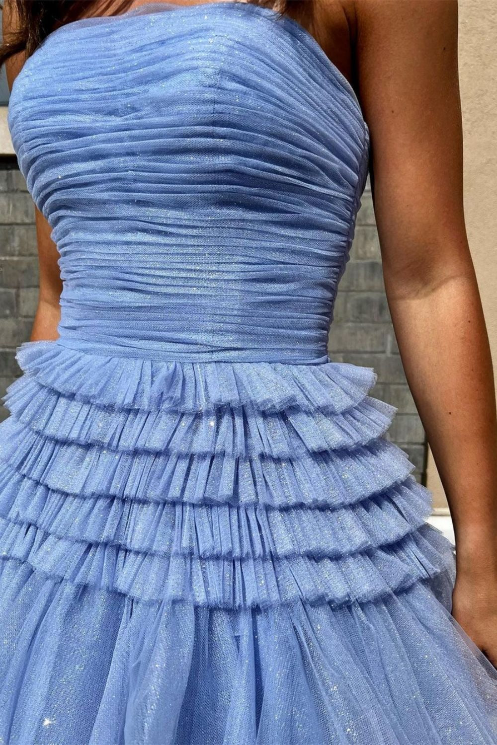 A Line Tulle Strapless Fuchsia Long Prom Dresses