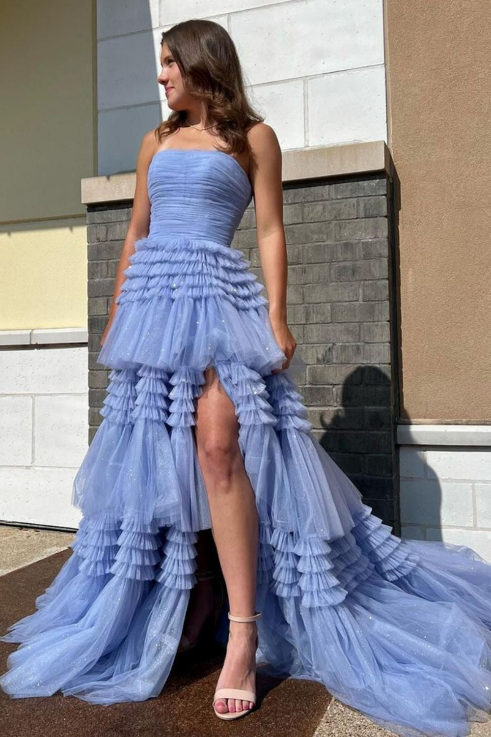 A Line Tulle Strapless Fuchsia Long Prom Dresses