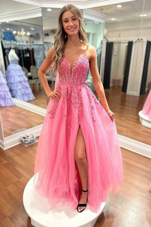 A Line Hot Pink Lace Long V Neck Prom Dresses – luladress