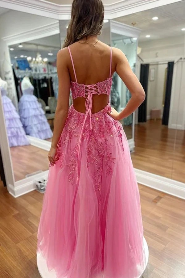 A Line V Neck Hot Pink Lace Long Prom Dresses with High Slit TP1302 US16 / Custom Color A Line V Neck Hot Pink Lace Long Prom Dresses with High Slit TP1302 US16 / Custom Color