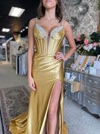 V Neck Fuchsia Satin Slit Cute Mermaid Prom Dresses