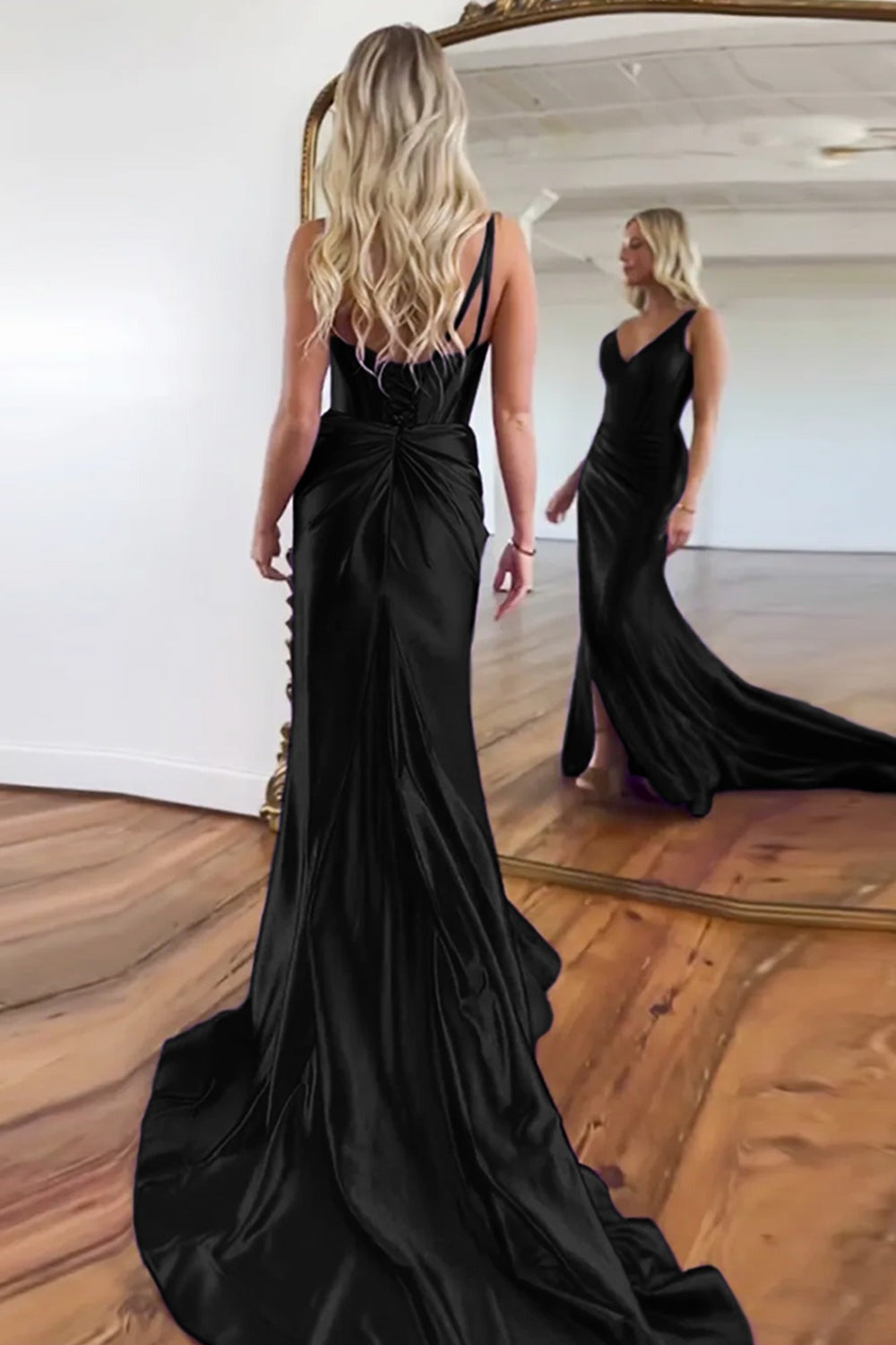 Robes de bal longues en satin violet sirène, col en V, dos zippé