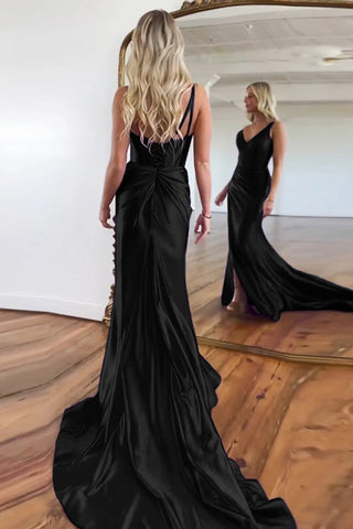 Purple Mermaid V-Neck Zipper Back Satin Long Prom Dresses