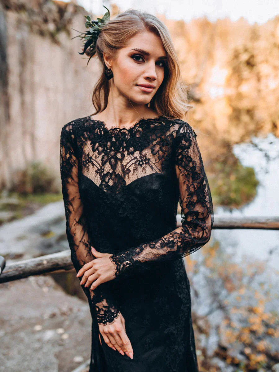 fitted lace wedding dress Hellymoon Women Sparkly Black Chapel Train Lace Wedding Dress Long Sleeves A- fitted lace wedding dress Hellymoon Women Sparkly Black Chapel Train Lace Wedding Dress Long Sleeves A-