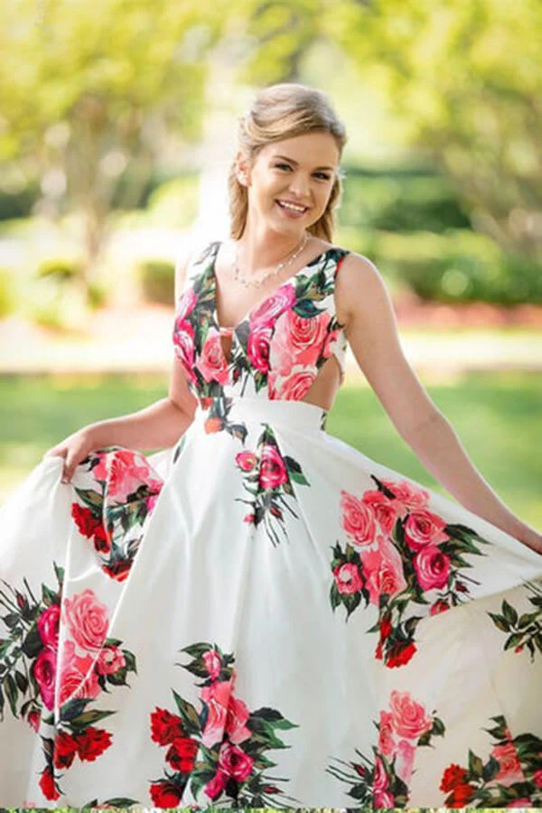 Beautiful Floral Straps Sleeveless A-line Long Prom Dresses, Evening Gown