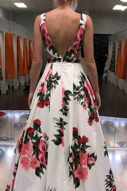 Beautiful Floral Straps Sleeveless A-line Long Prom Dresses, Evening Gown